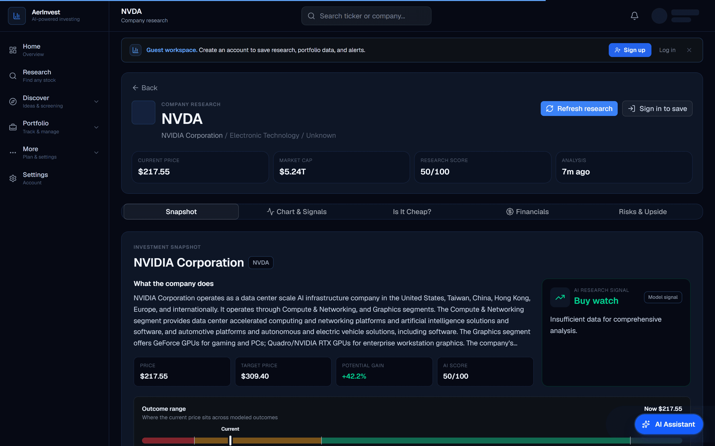 AerInvest company research screen — live NVDA analysis with fair value, research score, and AI signal