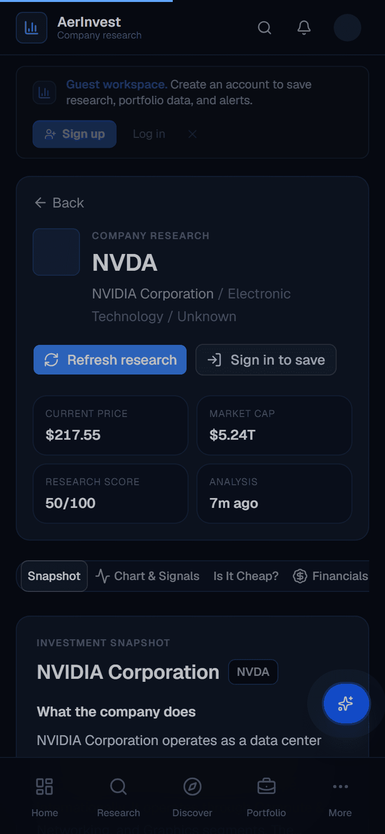 AerInvest company research screen — live NVDA analysis on mobile