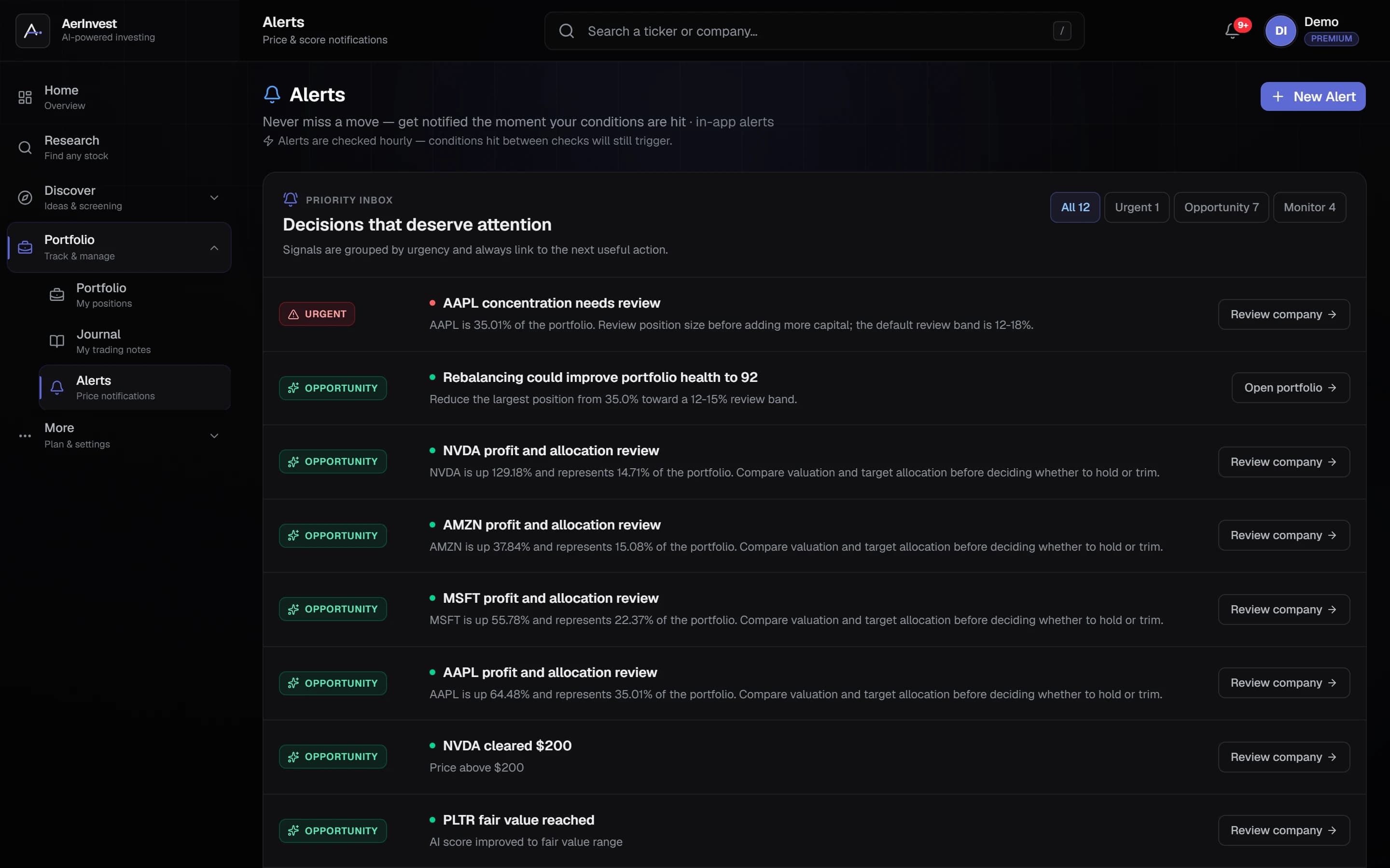 Price and score alerts in AerInvest