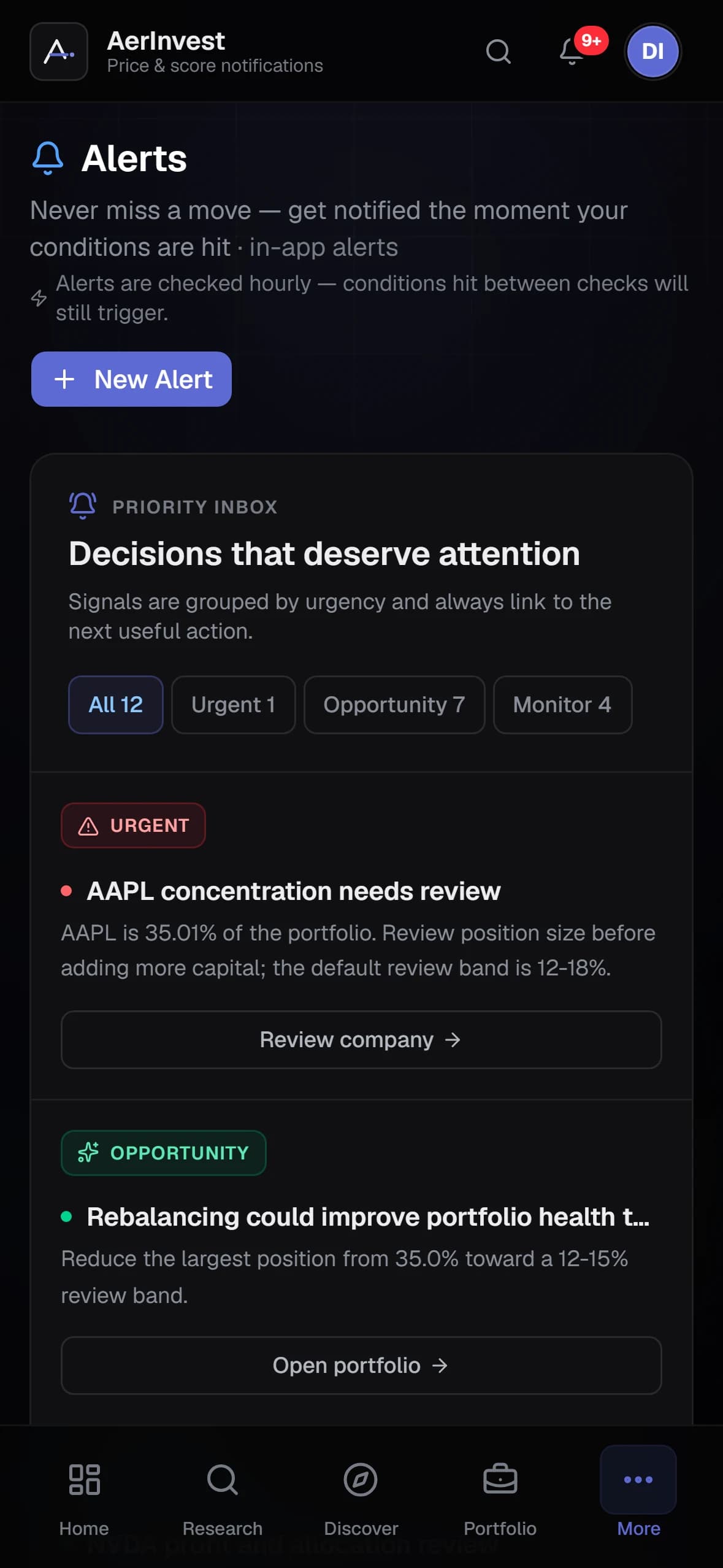 Price and score alerts in AerInvest
