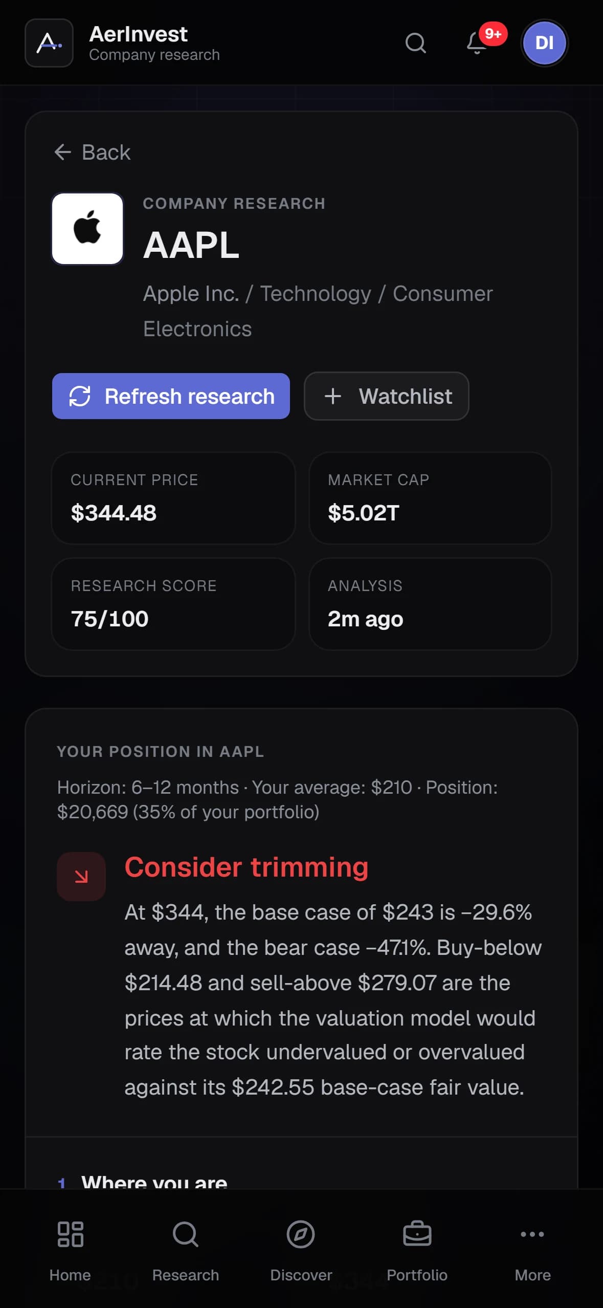Company research for Apple in AerInvest: fair value, scenarios and risks