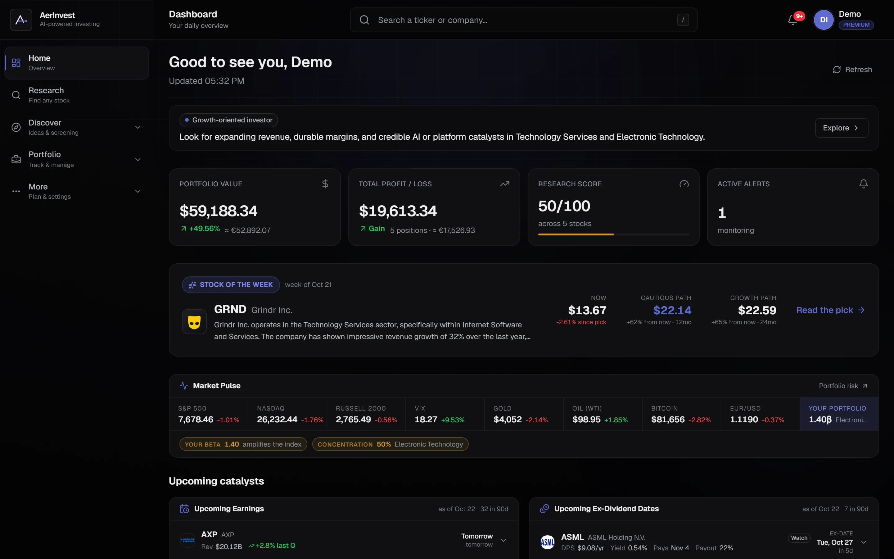 The AerInvest dashboard