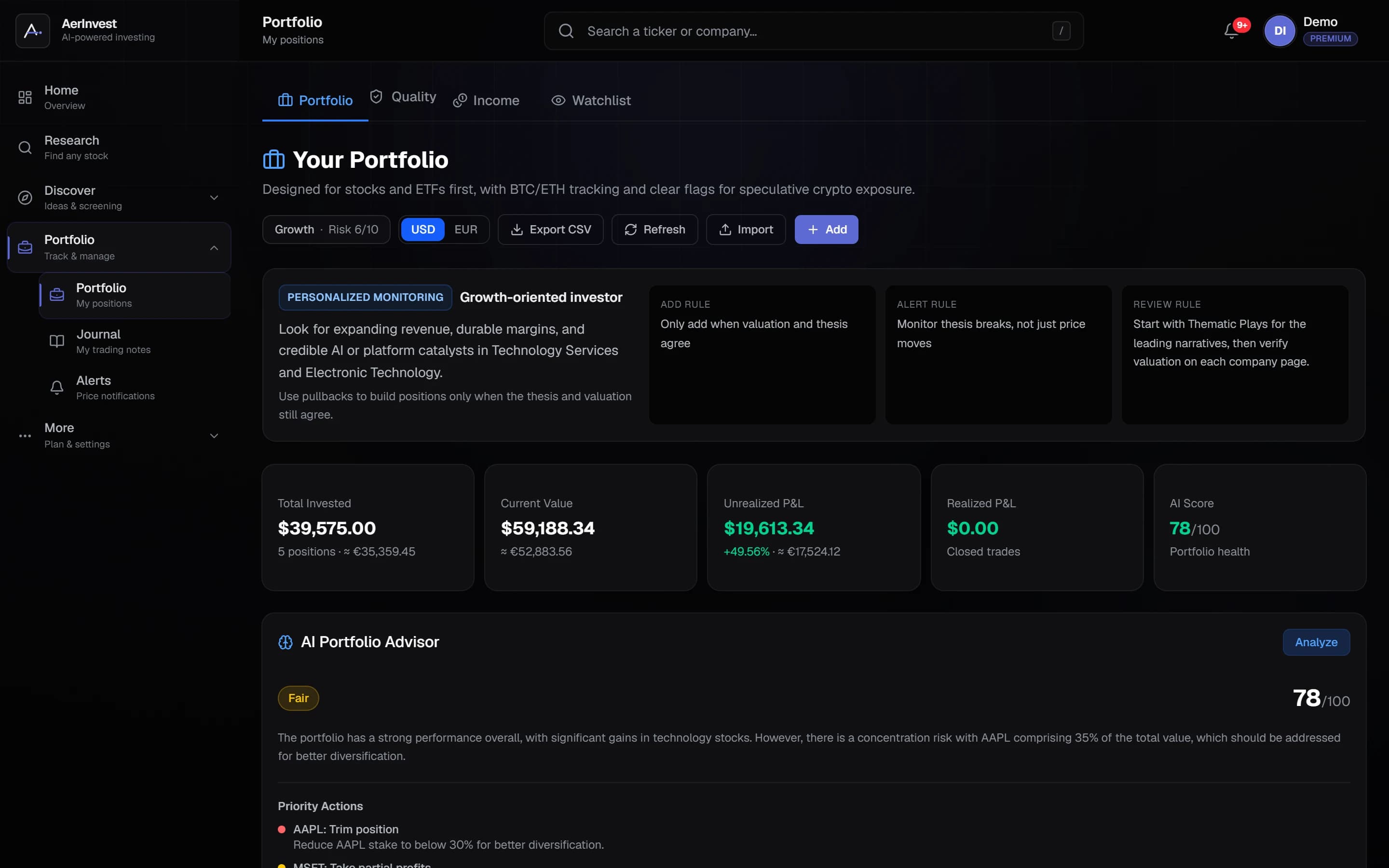 A portfolio in AerInvest with P&L per position