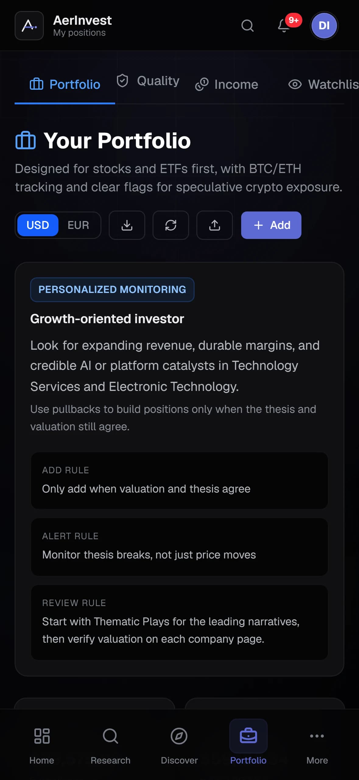 A portfolio in AerInvest with P&L per position
